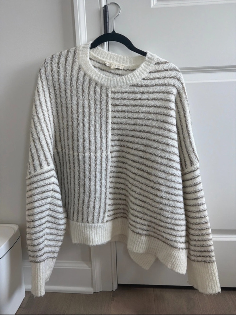Striped Cream and Gray Crewneck Sweater